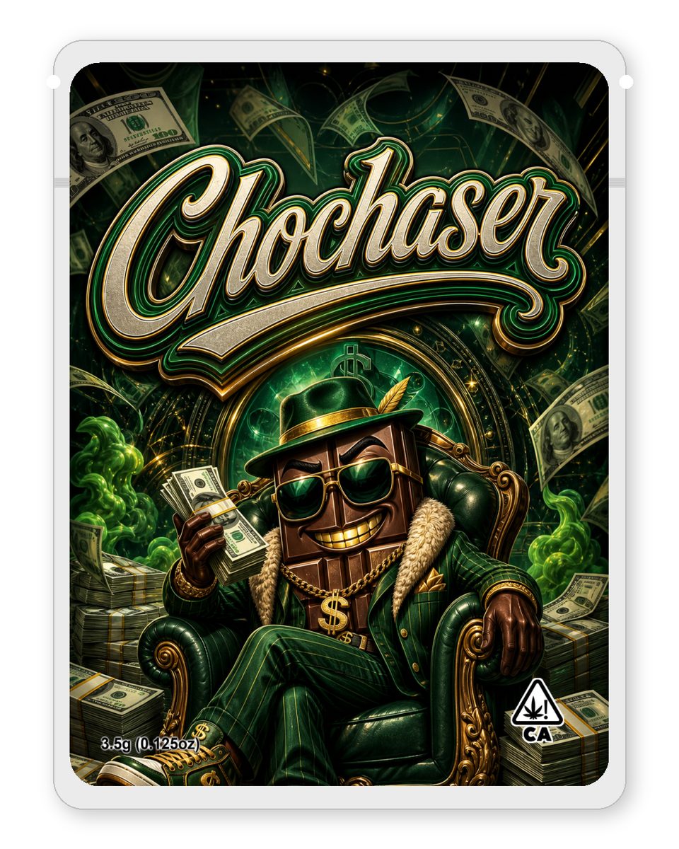 Chochaser custom 4"x5" mylar bag design (front)