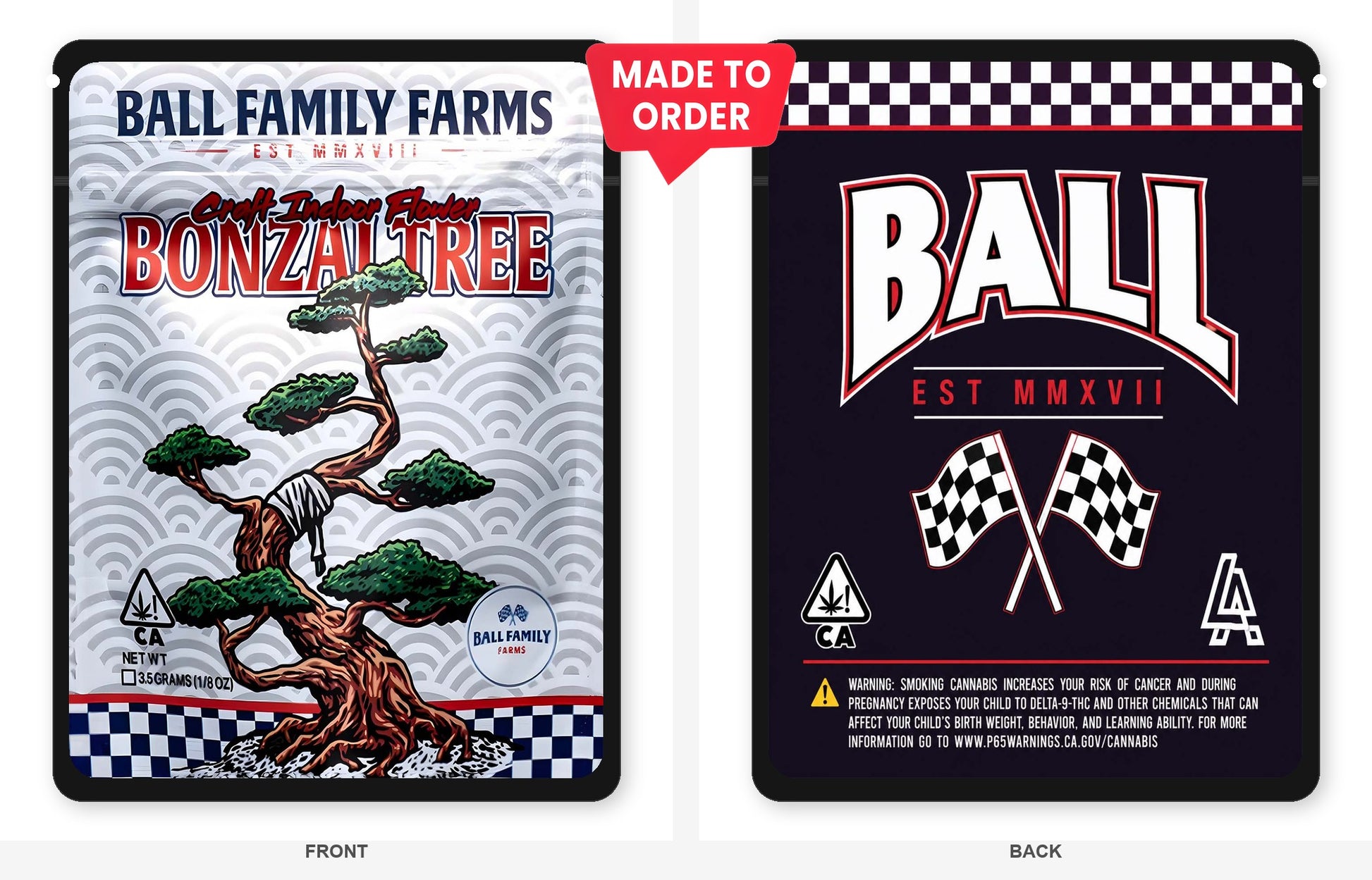 Bonzai Tree 3.5g Mylar Bags Ball Family Farms - Front and Back View