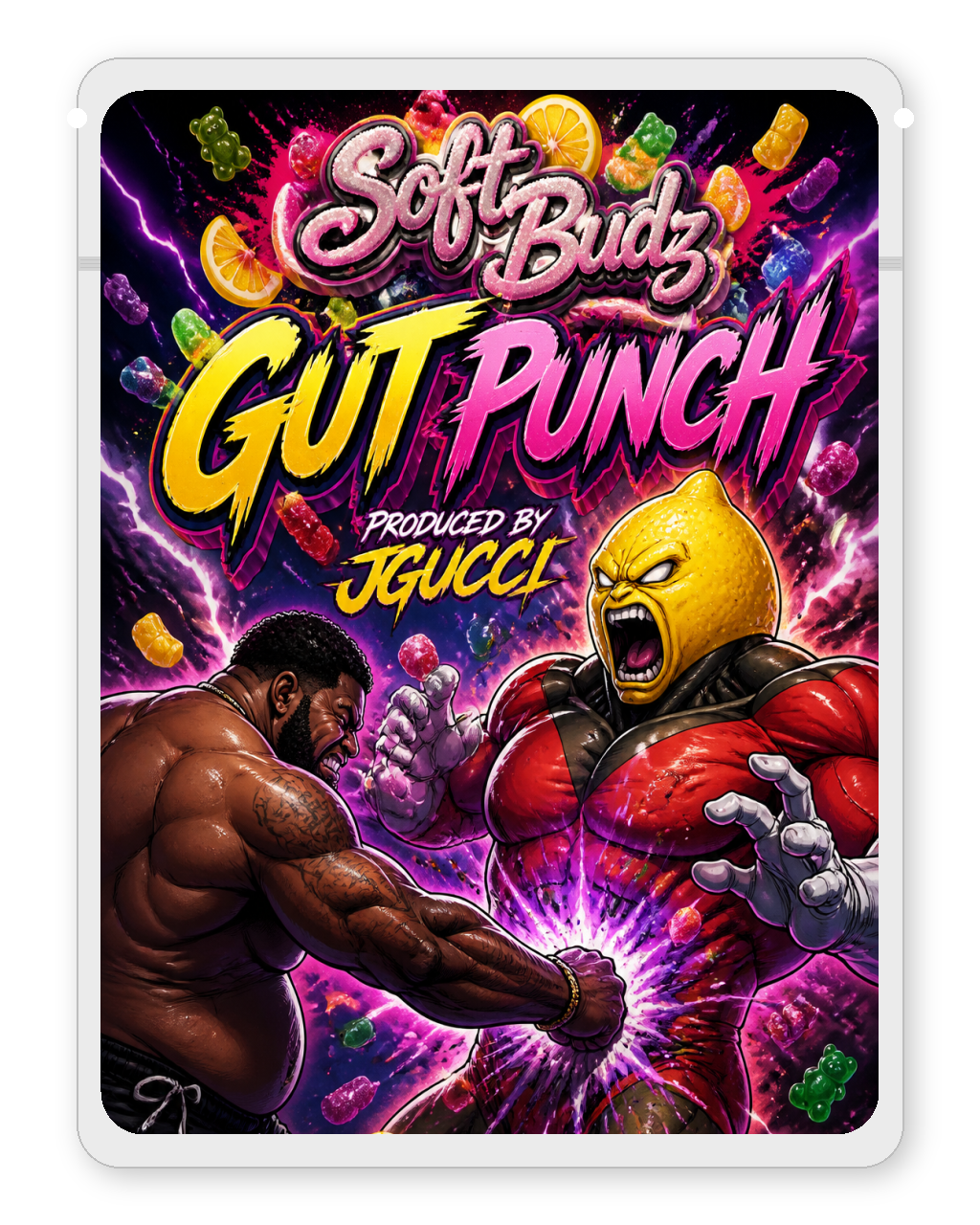 Gut punch custom 4"x5" mylar bag design (front)