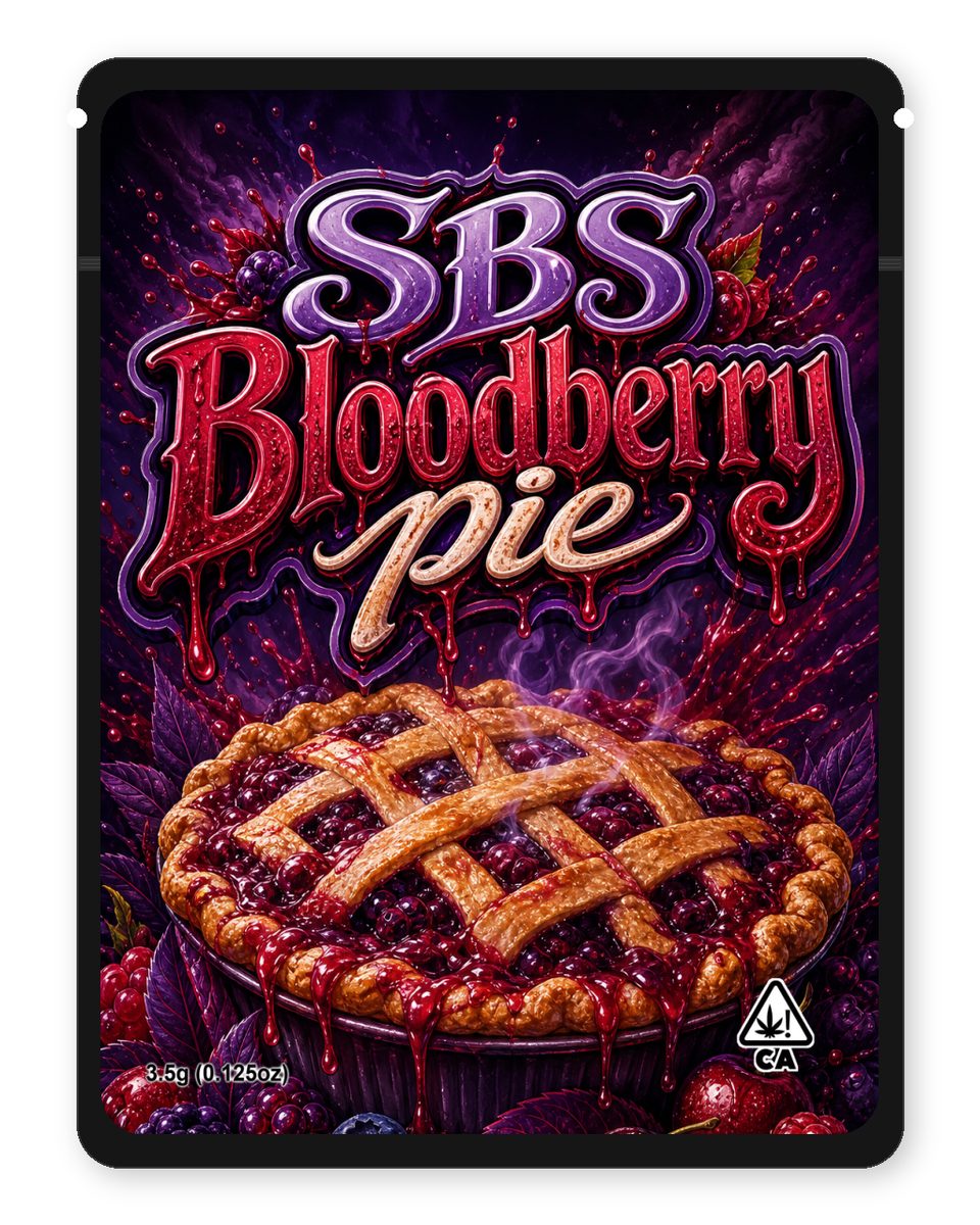 SBS Bloodberry pie custom 4"x5" mylar bag design (front)
