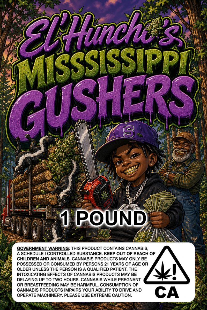 El'Huncho's Mississippi Gushers custom 6x9 pound bag sticker / turkey-bag flavor label
