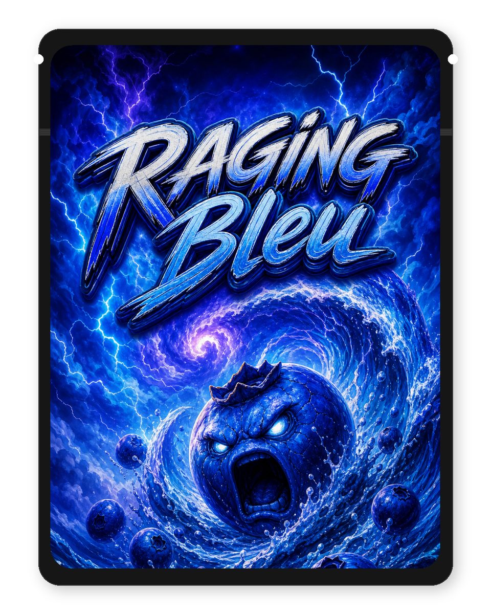 Raging Bleu custom 4"x5" mylar bag design (front)