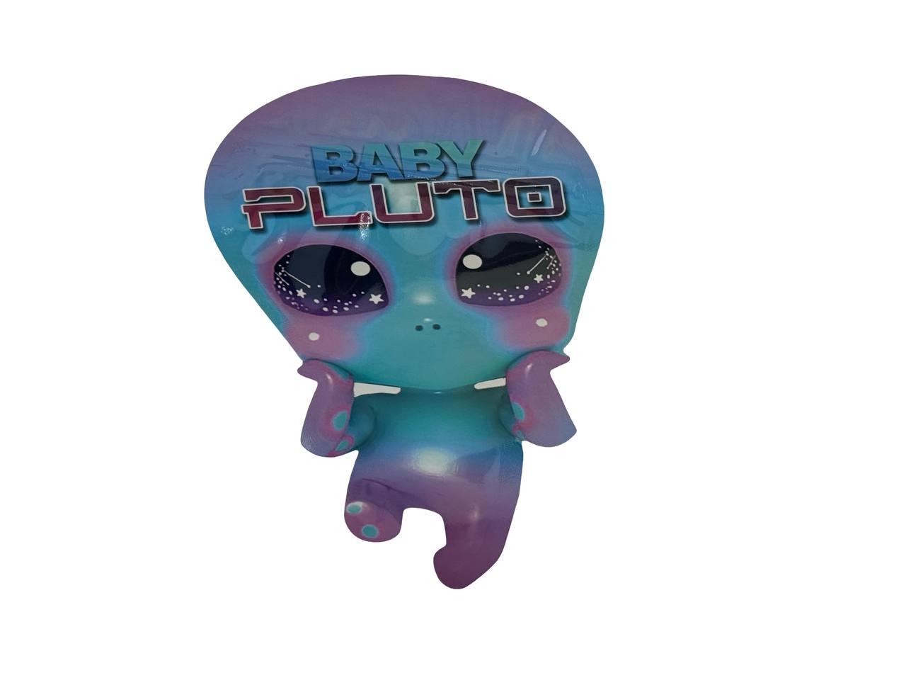 Baby Pluto 3.5g mylar bag front design — iridescent teal and purple die-cut alien with chrome lettering