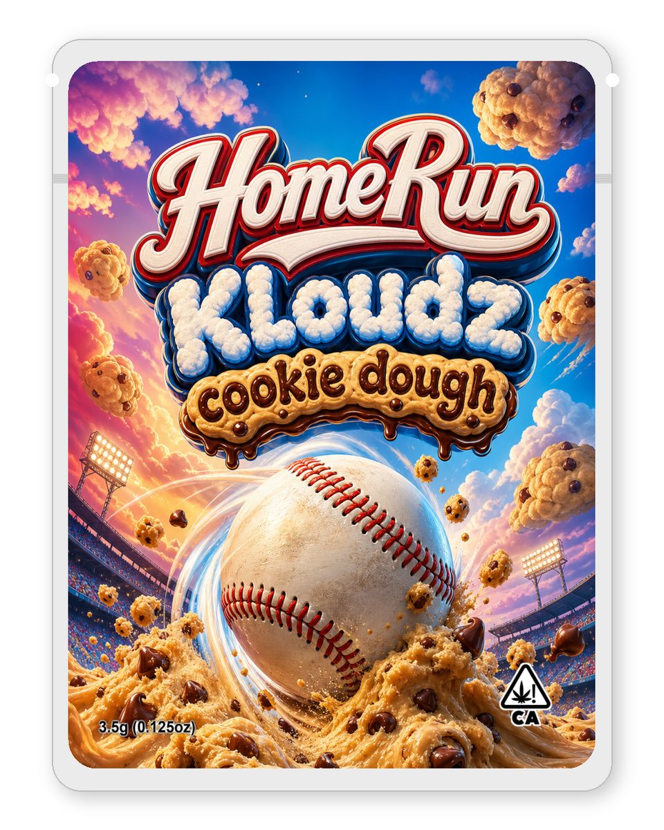 HomeRun Kloudz cookie dough custom 4"x5" mylar bag design (front)