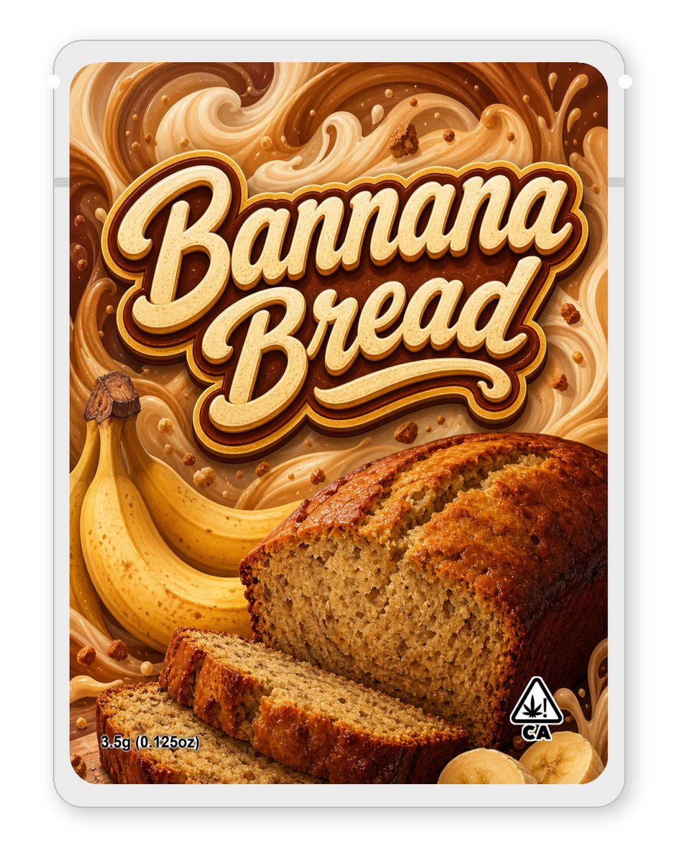 Bannana Bread custom 4"x5" mylar bag design (front)