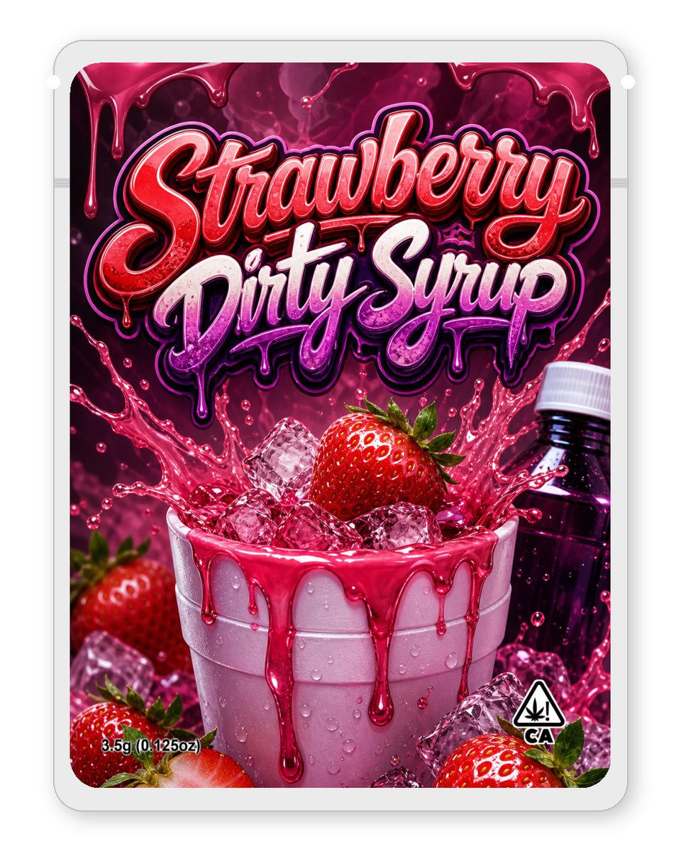 Strawberry Dirty Syrup custom 4"x5" mylar bag design (front)
