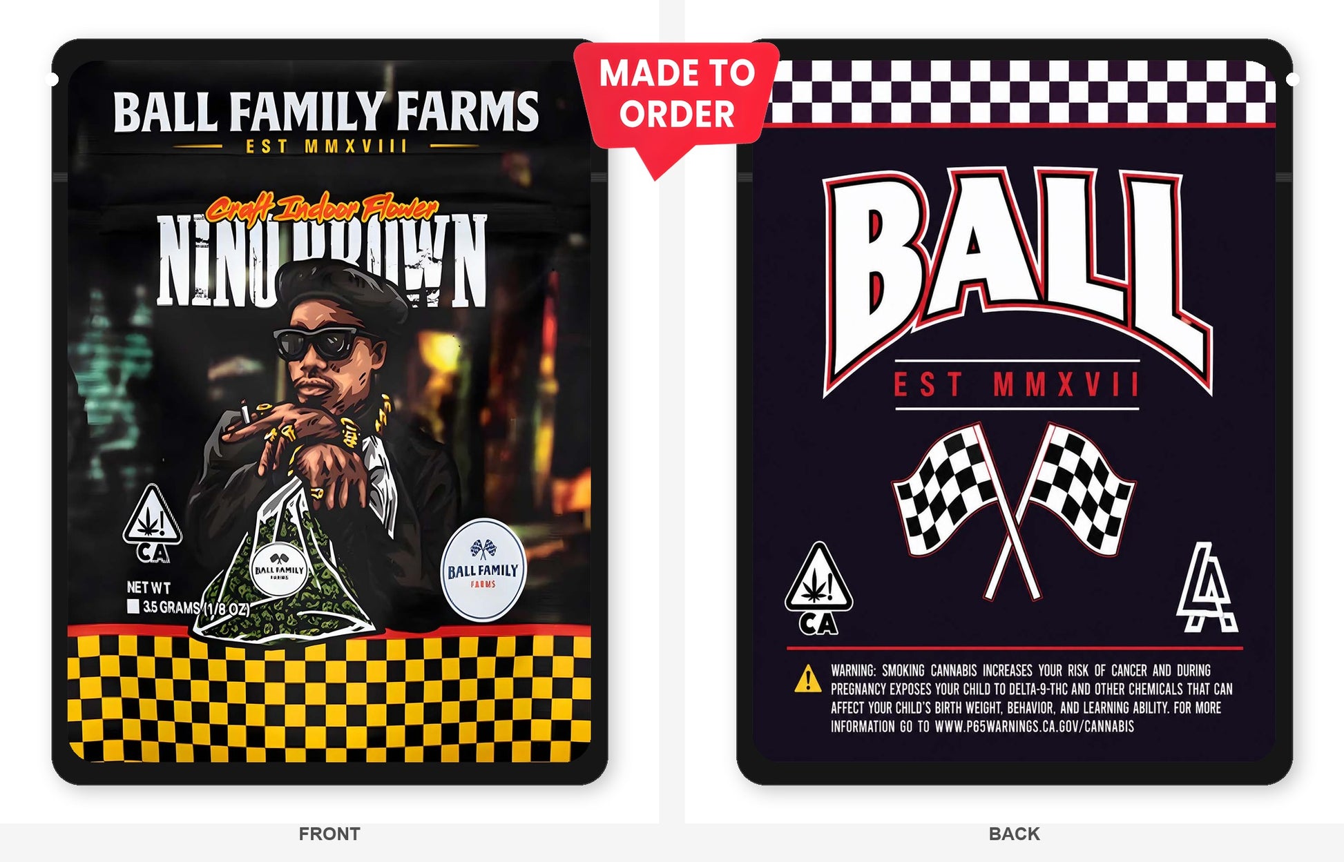 Nino Brown 3.5g Mylar Bags Ball Family Farms - Front and Back View