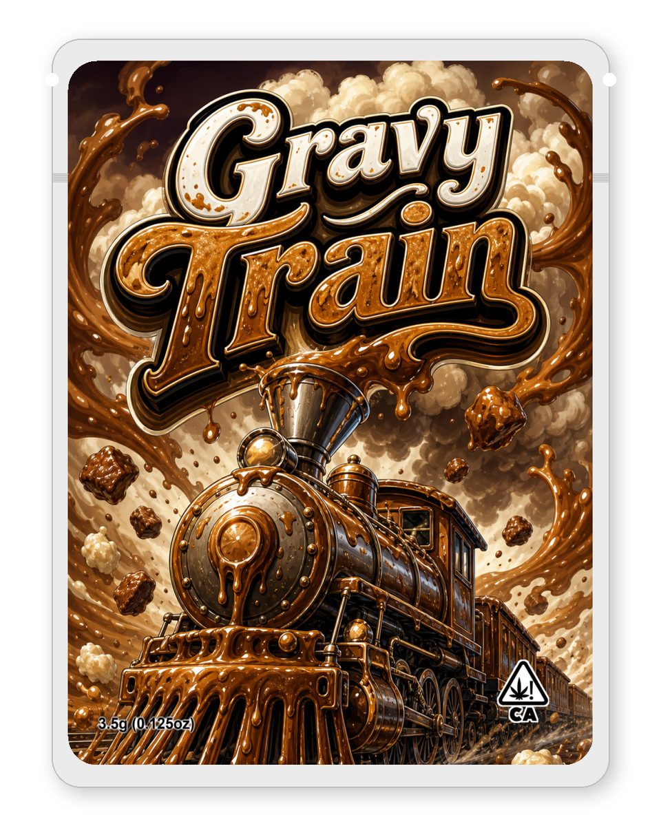Gravy Train custom 4"x5" mylar bag design (front)