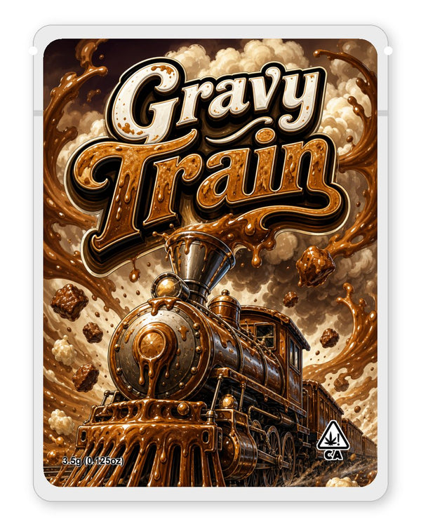 Gravy Train custom 4"x5" mylar bag design (front)