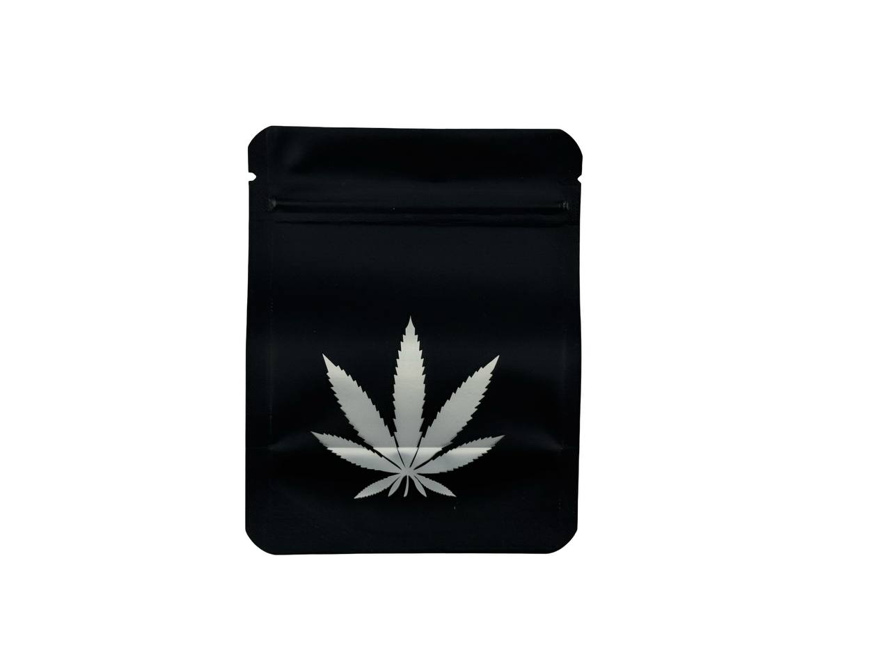 Haupia x Silky 3.5g mylar bag back — large silver metallic cannabis leaf graphic
