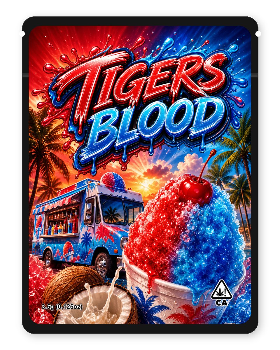 Tigers Blood custom 4"x5" mylar bag design (front)