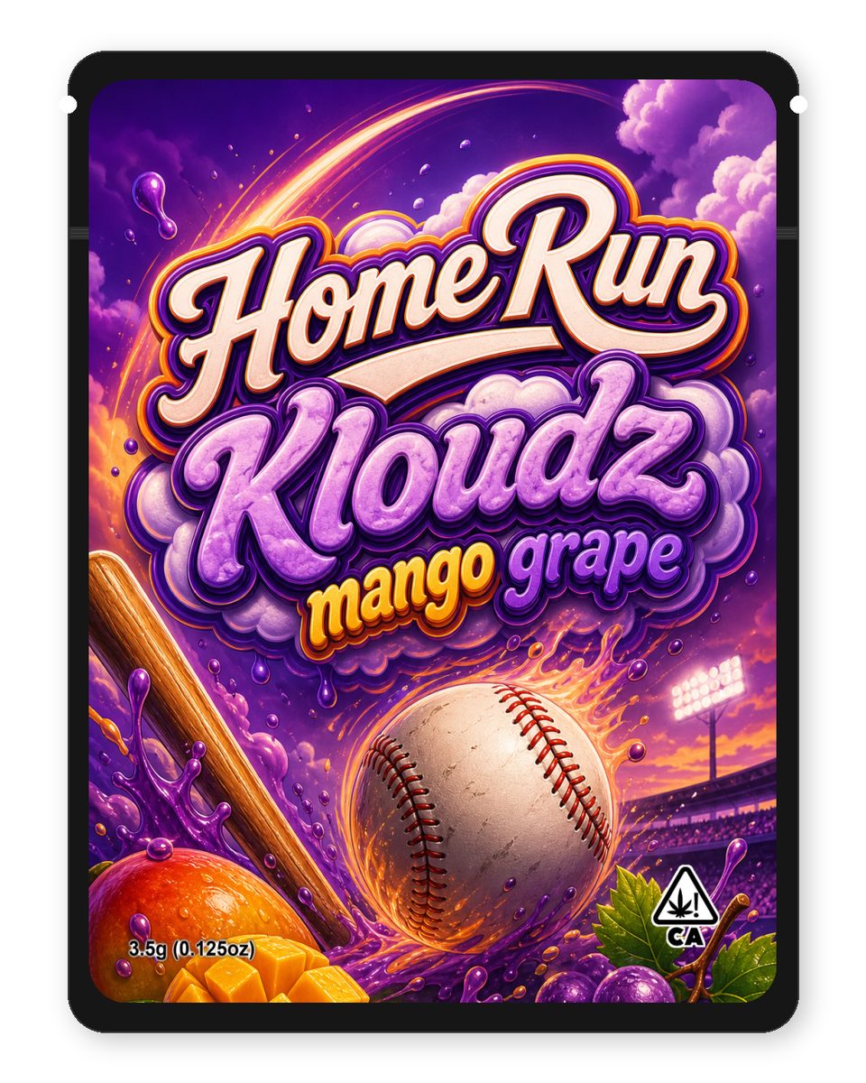 HomeRun Kloudz mango grape custom 4"x5" mylar bag design (front)