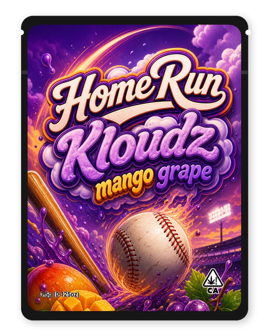 HomeRun Kloudz mango grape custom 4"x5" mylar bag design (front)
