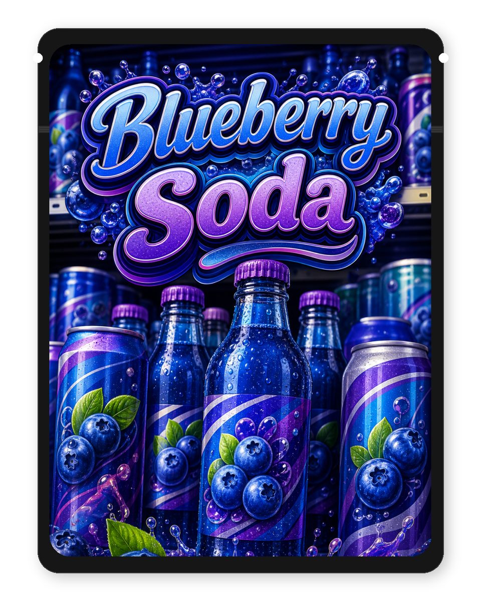 Blueberry Soda custom 4"x5" mylar bag design (front)