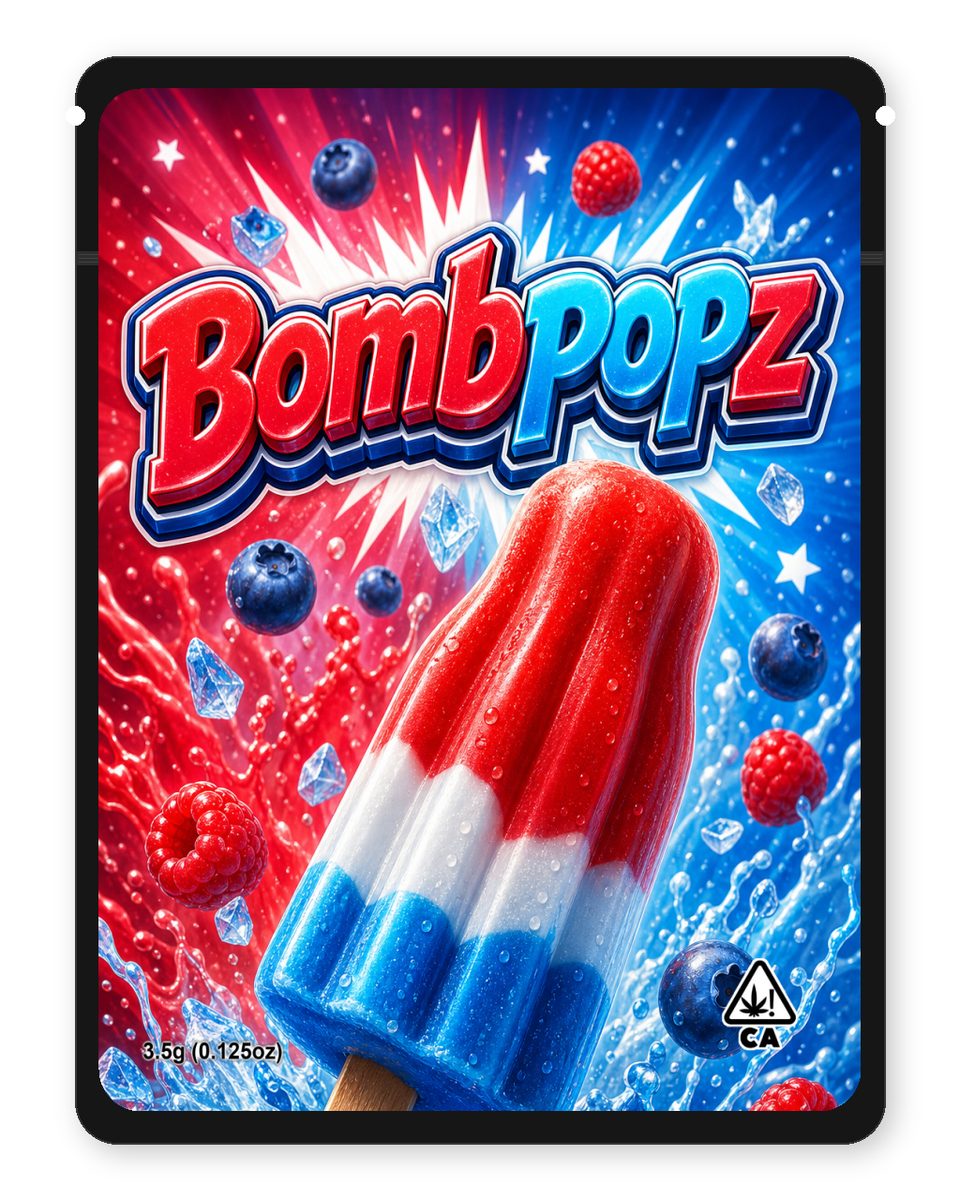 Bombpopz custom 4"x5" mylar bag design (front)