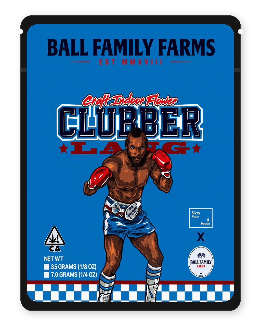 Clubber Lang 3.5g Mylar Sticker Bags Ball Family Farms - Front Design