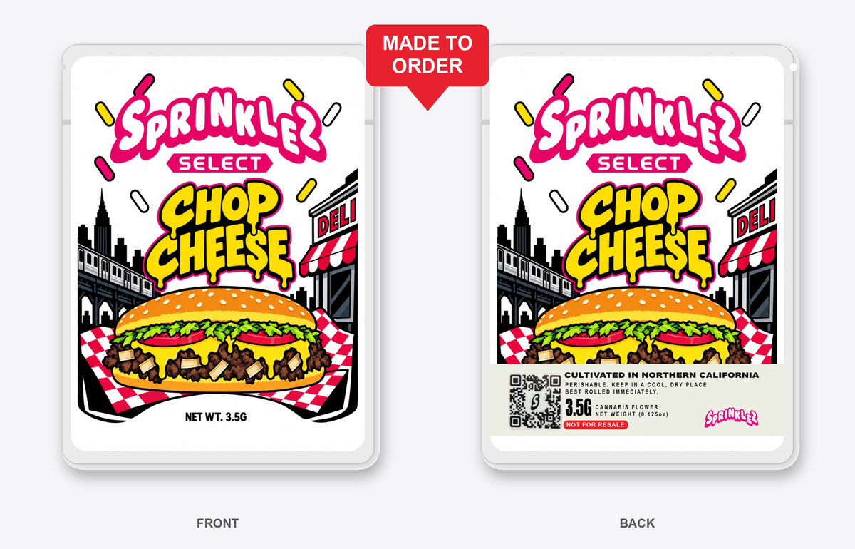 Chop Cheese 3.5g Mylar Sticker Bags Sprinklez Select - Front and Back View, Made to Order