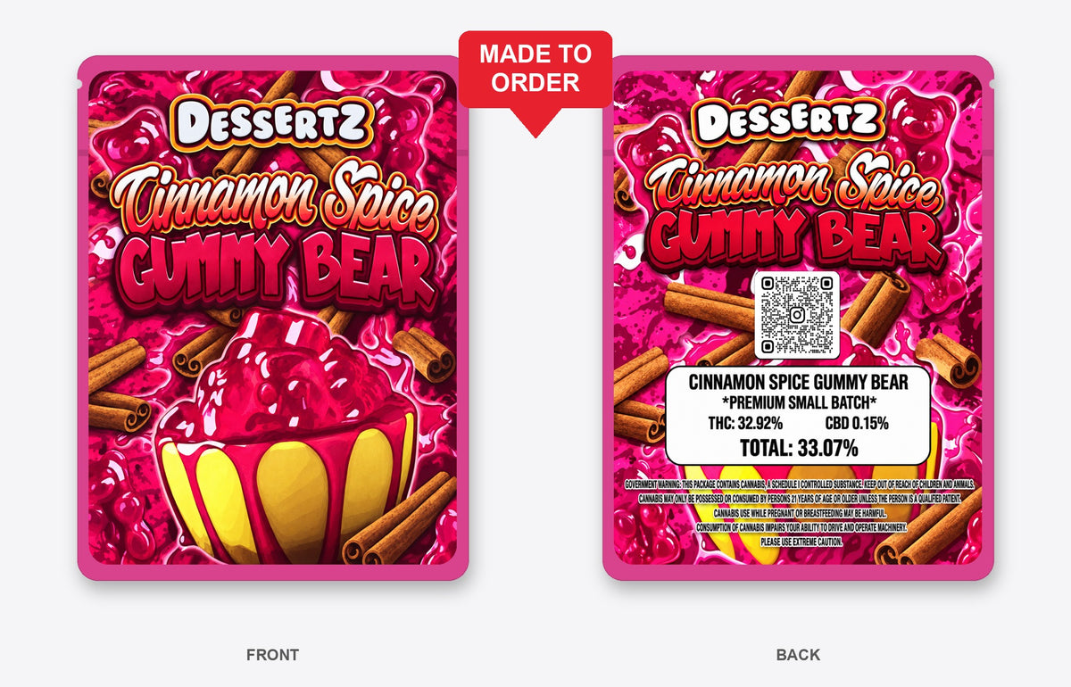 Cinnamon Spice Gummy Bear 3.5g Mylar Bags Dessertz - Front and Back View on Hot Pink Bag