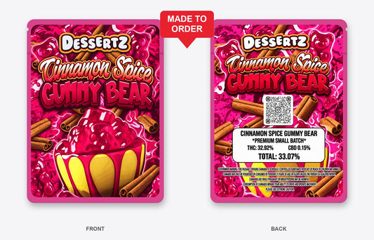 Cinnamon Spice Gummy Bear 3.5g Mylar Bags Dessertz - Front and Back View on Hot Pink Bag