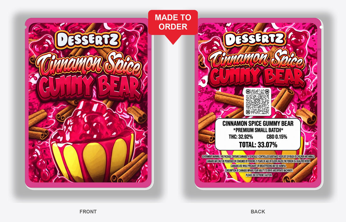Cinnamon Spice Gummy Bear 3.5g Mylar Bags Dessertz - Front and Back View on Hot Pink Bag