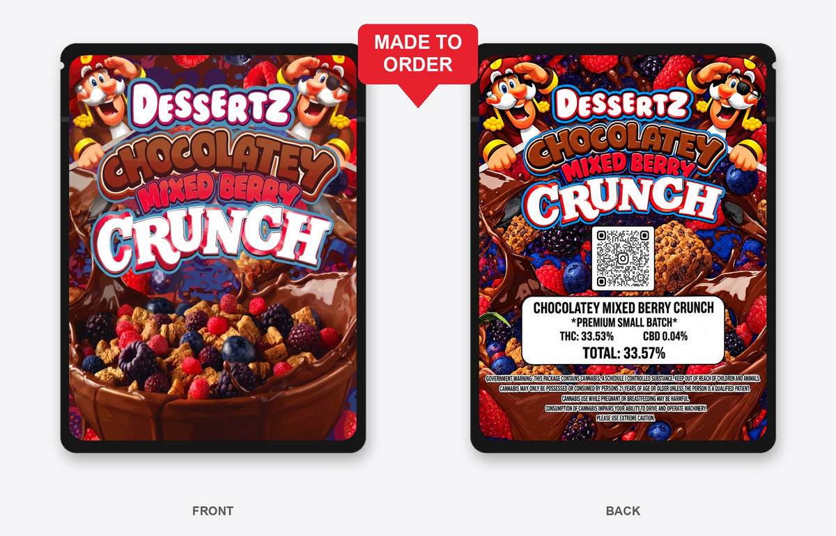 Chocolatey Mixed Berry Crunch 3.5g Mylar Bags Dessertz - Front and Back View on Black Bag