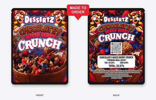 Chocolatey Mixed Berry Crunch 3.5g Mylar Bags Dessertz - Front and Back View on Black Bag