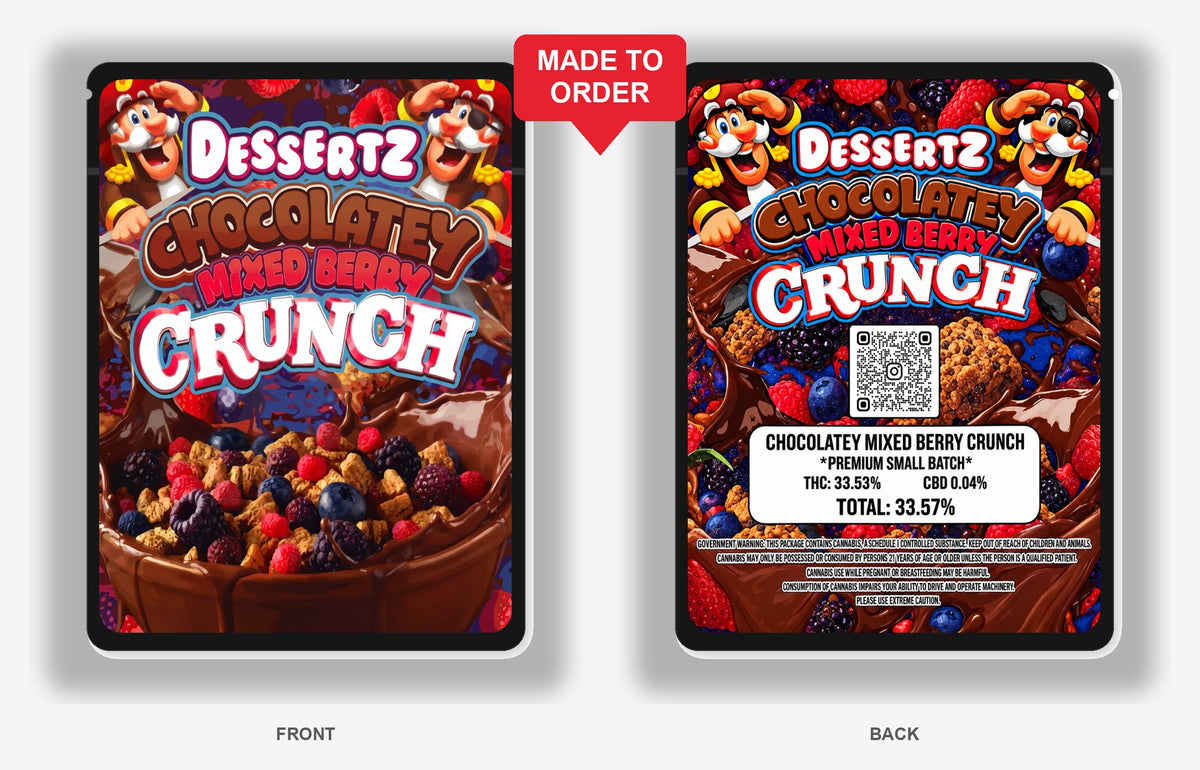 Chocolatey Mixed Berry Crunch 3.5g Mylar Bags Dessertz - Front and Back View on Black Bag