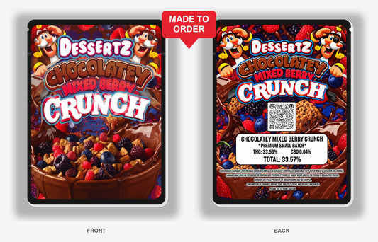 Chocolatey Mixed Berry Crunch 3.5g Mylar Bags Dessertz - Front and Back View on Black Bag