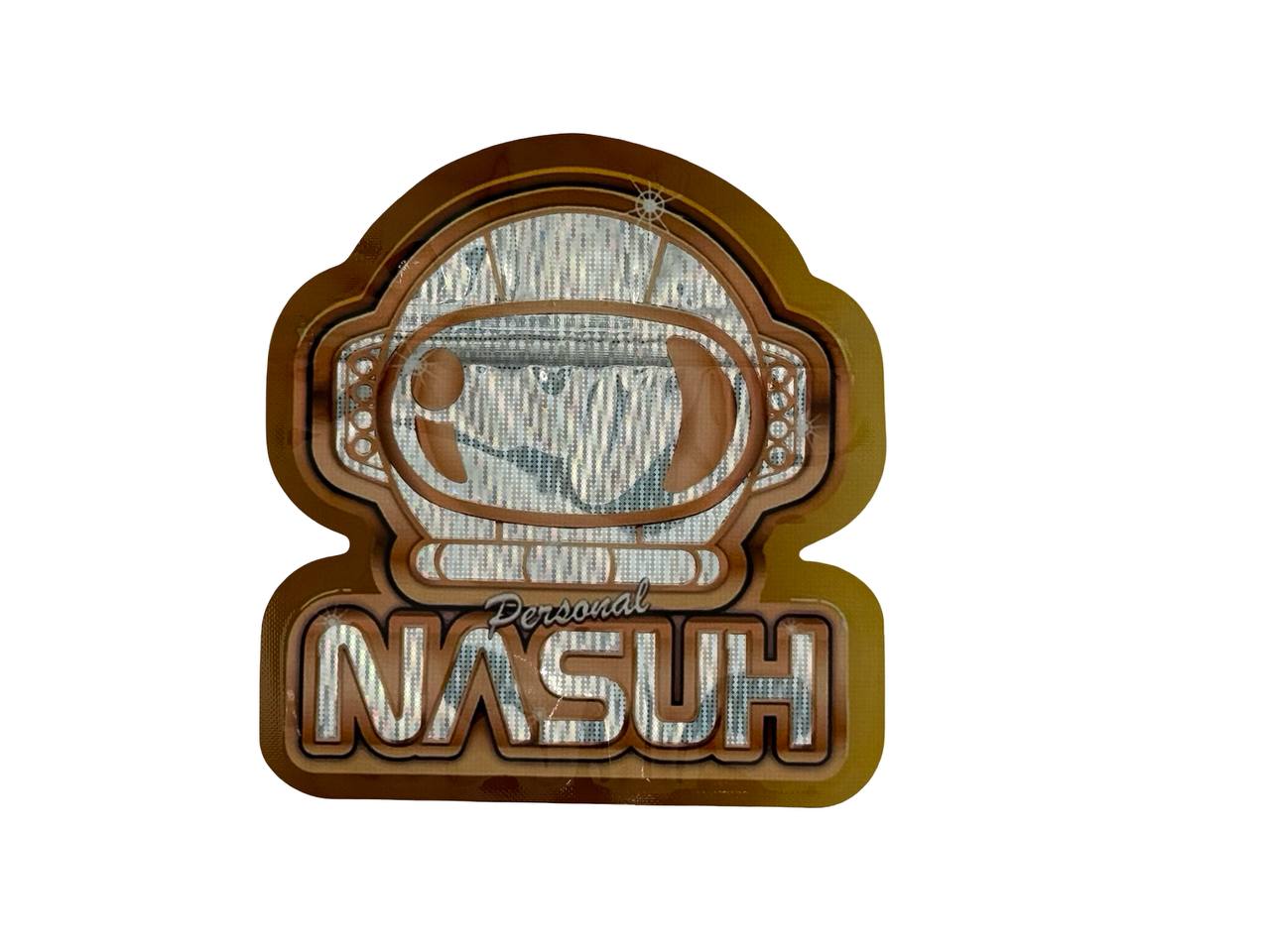 Personal Nasuh 3.5g mylar bag front — die-cut holographic astronaut helmet with copper trim, spot UV details