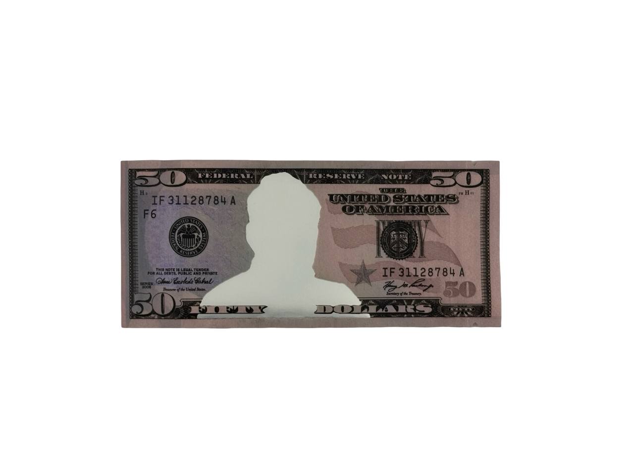 Fifty Dollar Bill 3.5g mylar bag front — pink and red US $50 Federal Reserve Note print with die-cut Ulysses S. Grant viewing window and US flag security detail