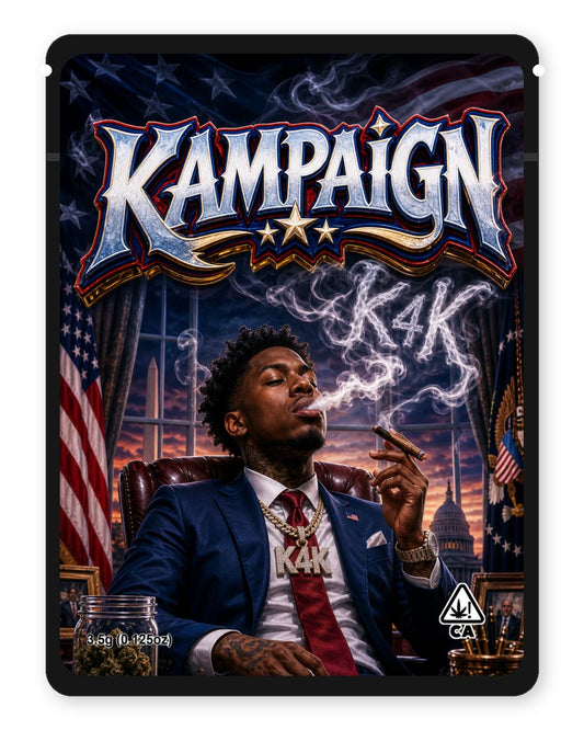 KAMPAIGN custom 4"x5" mylar bag design (front)