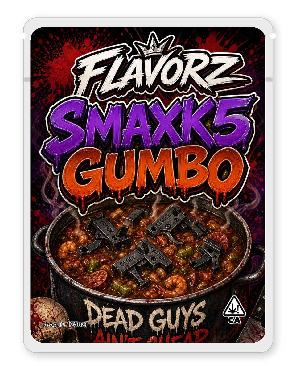Smaxk5 Gumbo custom 4"x5" mylar bag design (front)