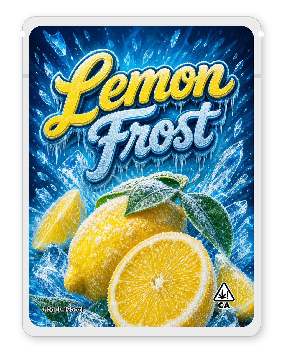 Lemon Frost custom 4"x5" mylar bag design (front)