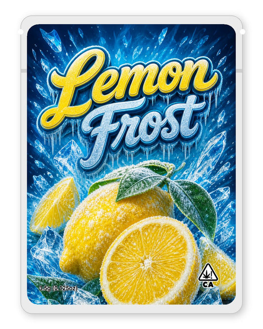 Lemon Frost custom 4"x5" mylar bag design (front)