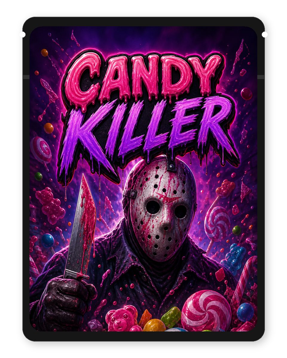 CANDY KILLER custom 4"x5" mylar bag design (front)
