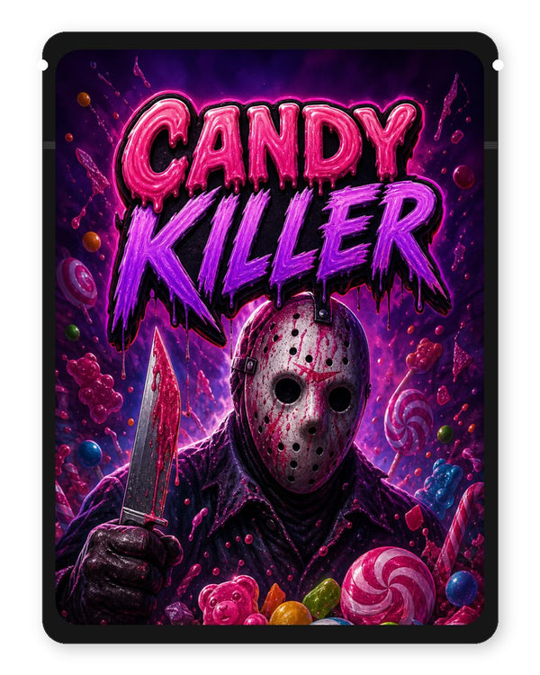 CANDY KILLER custom 4"x5" mylar bag design (front)