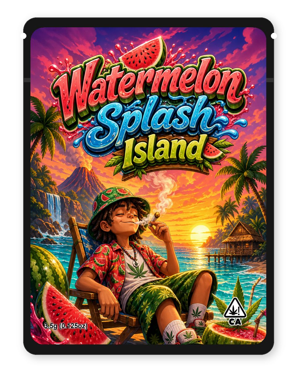 Watermelon Splash Island custom 4"x5" mylar bag design (front)