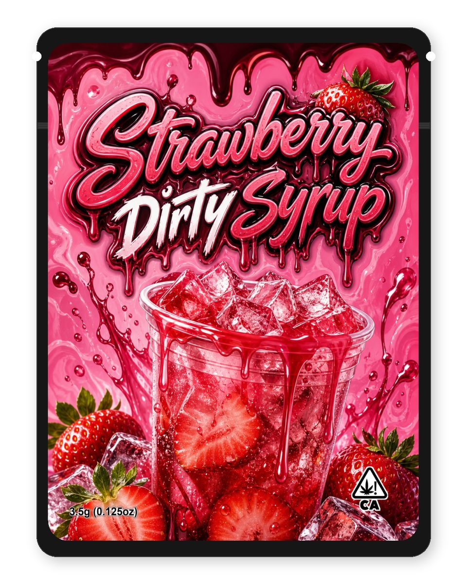 Strawberry Dirty Syrup custom 4"x5" mylar bag design (front)