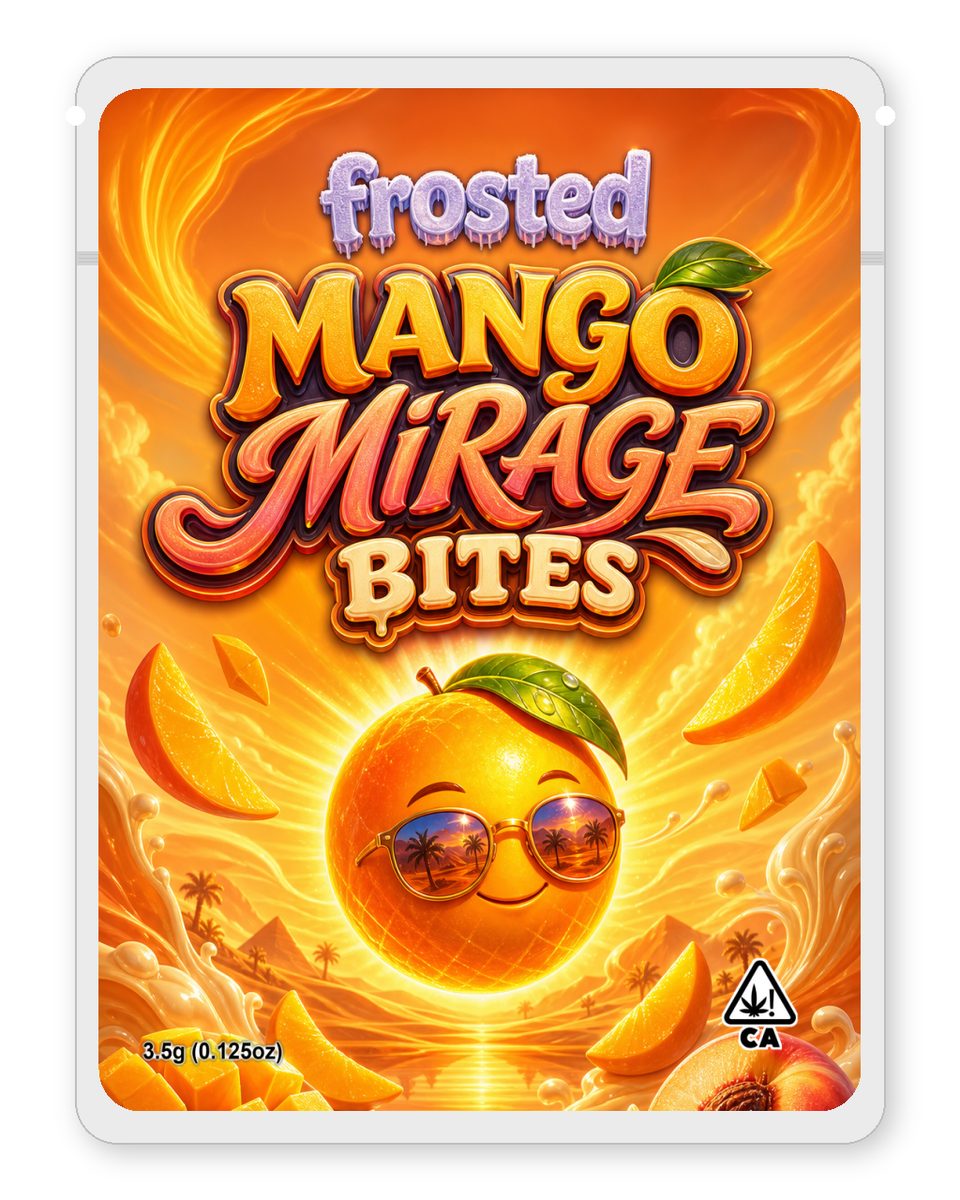Mango Mirage Bites custom 4"x5" mylar bag design (front)