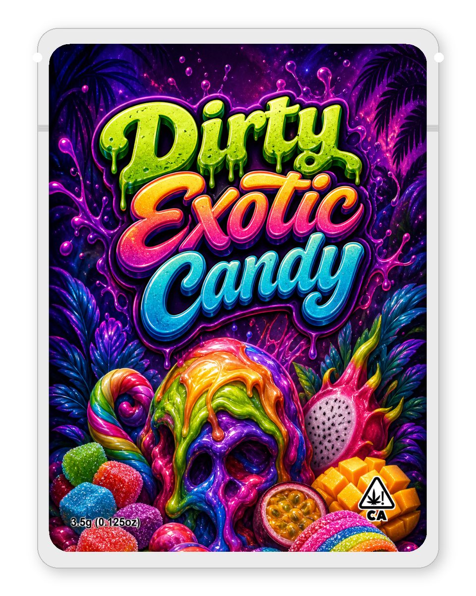 Dirty Exotic Candy custom 4"x5" mylar bag design (front)