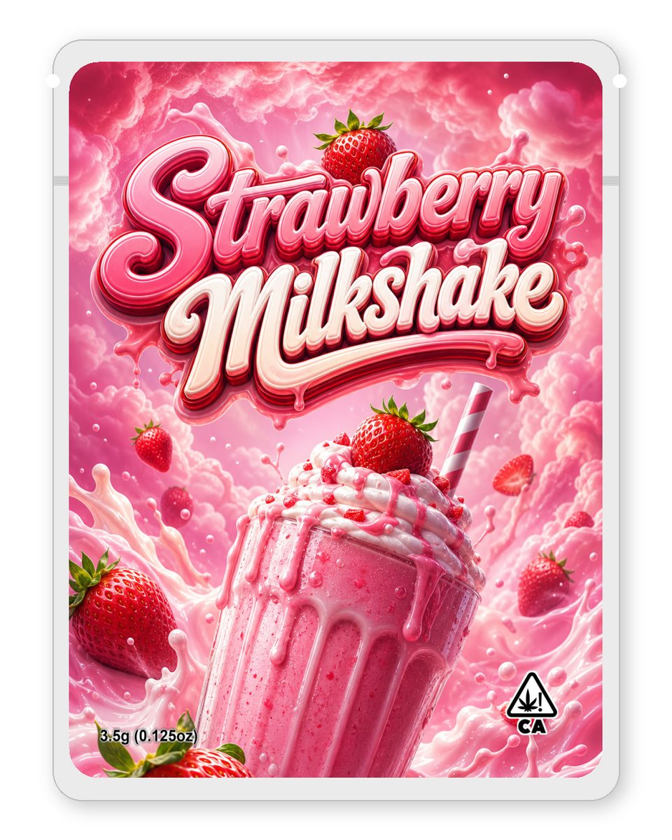 Strawberry Milkshake custom 4"x5" mylar bag design (front)