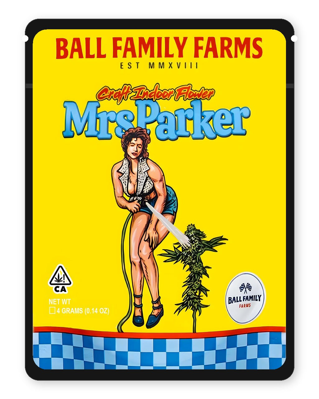 Mrs. Parker 3.5g Mylar Sticker Bags Ball Family Farms - Front Design