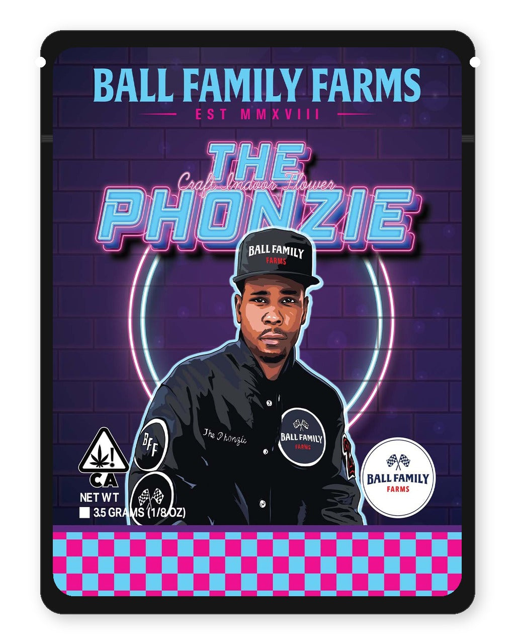 The Phonzie 3.5g Mylar Sticker Bags Ball Family Farms - Front Design