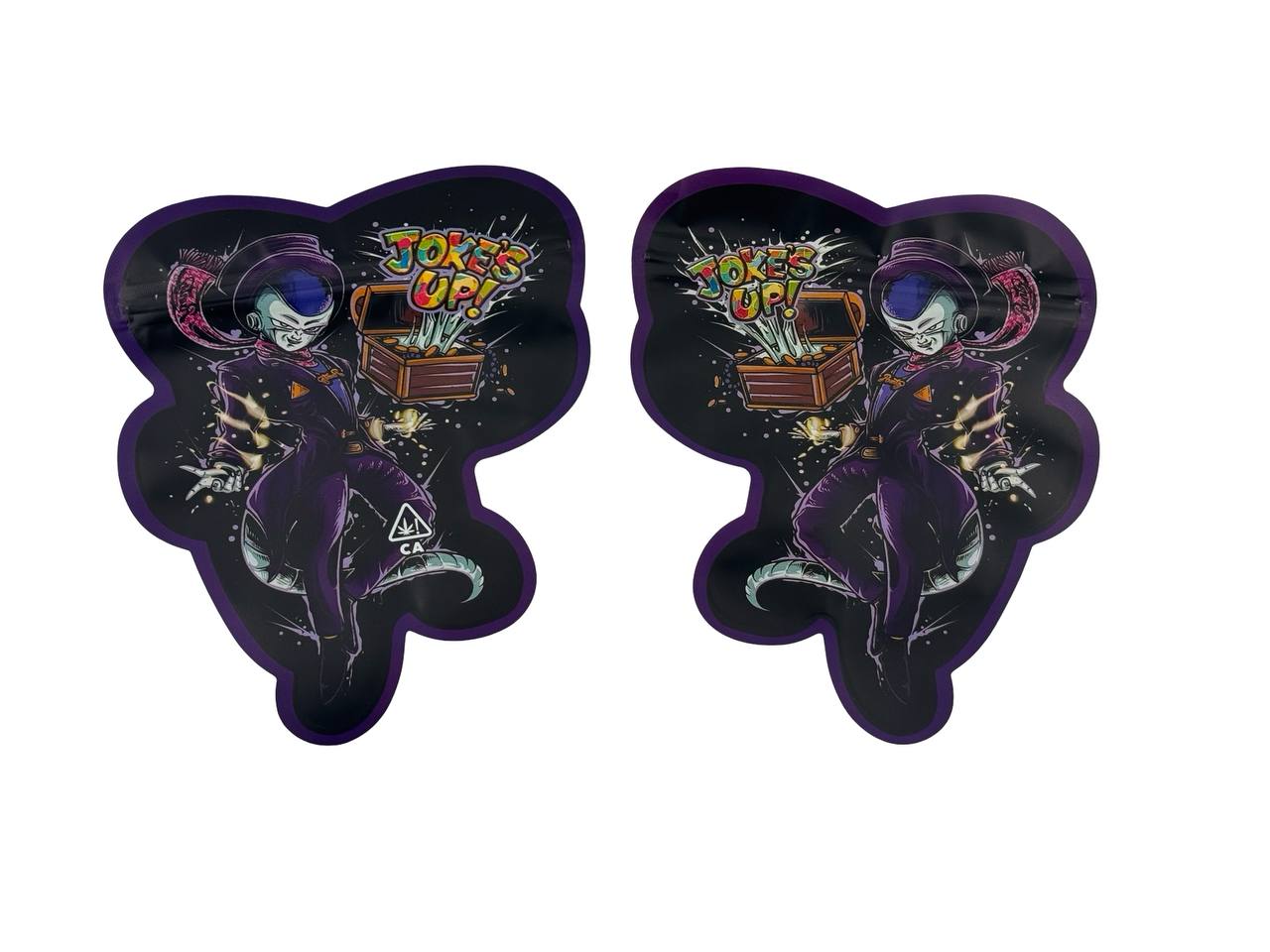 Purple Rizz 3.5g mylar bags die-cut purple alien villain with long curled tail, front and back views — Joke's Up cannabis packaging