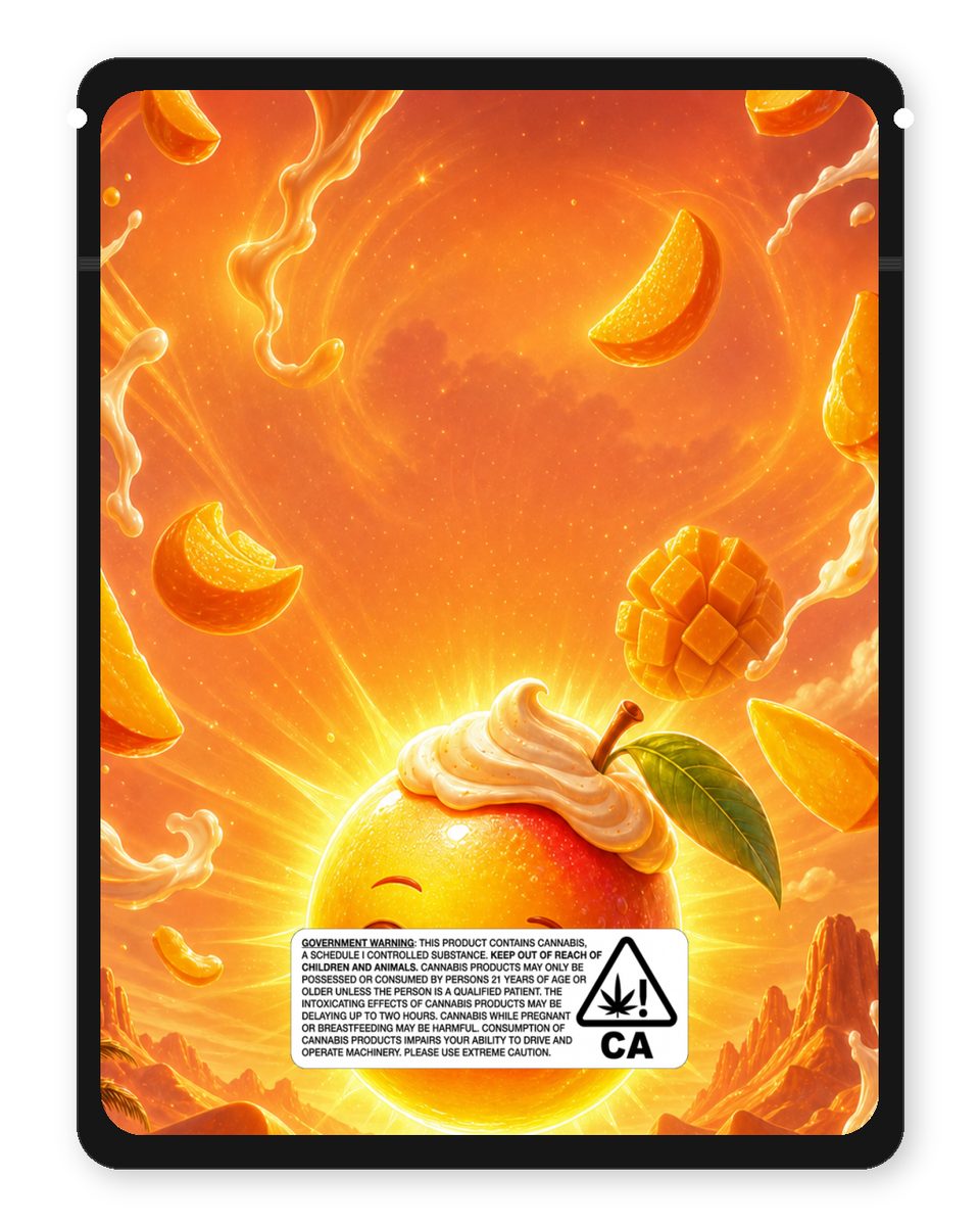 Mango Mirage Bites custom 4"x5" mylar bag design (back)