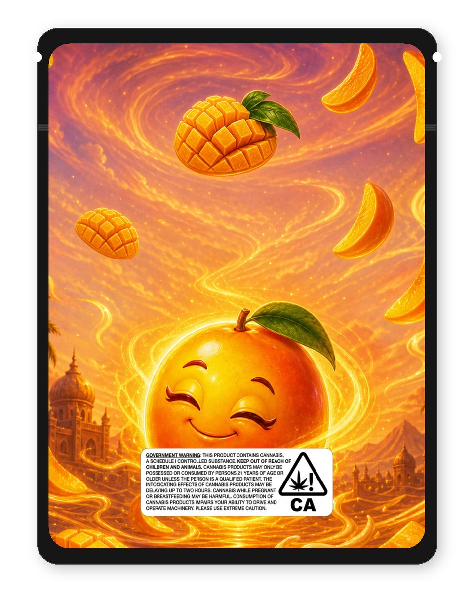 Mango Mirage Bites custom 4"x5" mylar bag design (back)