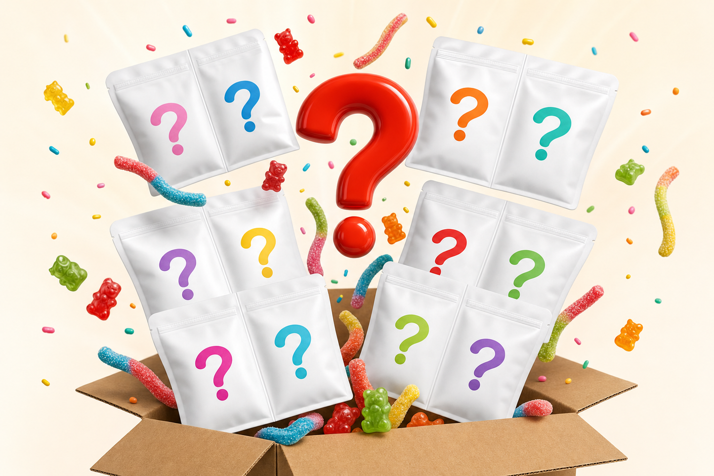 Dual chamber variety pack box bursting open with white mylar bags marked with colorful question marks