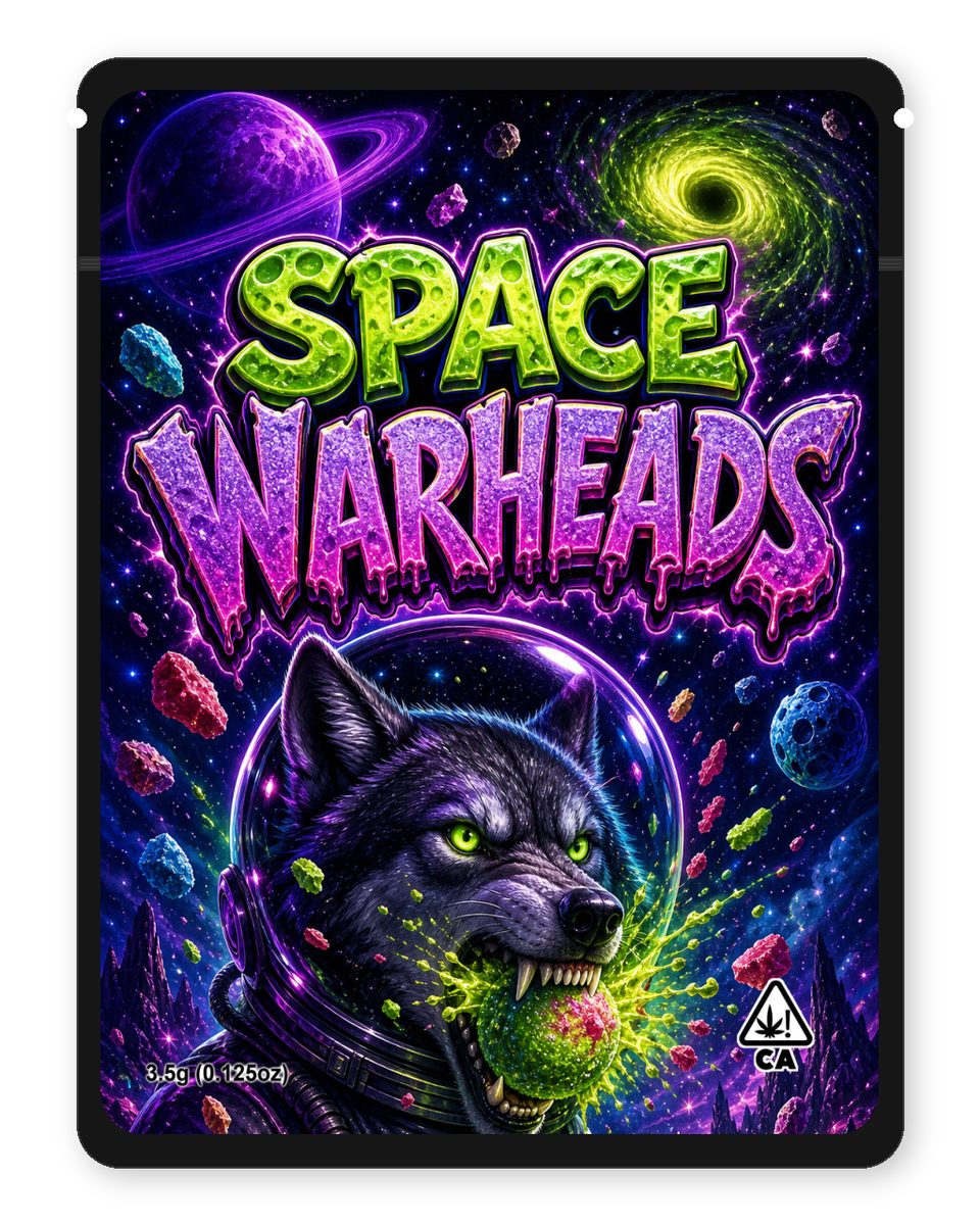 Space Warheads custom 4"x5" mylar bag design (front)