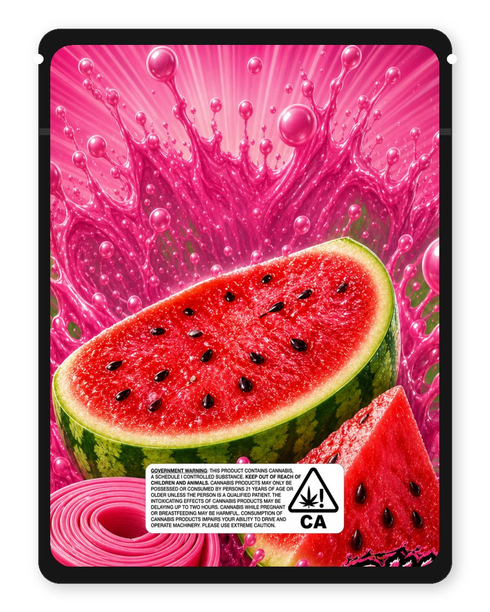 Watermelon bubblegum custom 4"x5" mylar bag design (back)