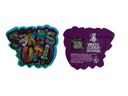 Rab Tested 3.5g mylar bags die-cut splash shape, front and back views — Joke's Up x White Gummy Enterprise cannabis packaging